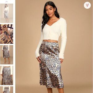 Lulu's Tan and Navy Blue Leopard Print Satin Midi Skirt